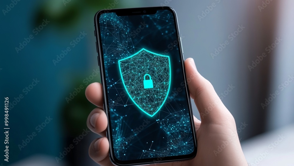 Close-up of smartphone screen displaying shield and lock outline symbolizing security in AI technology